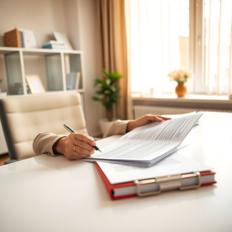 Consultant fiscal analizând documente multi-jurisdicționale pe un birou alb, cu foldere accentuate în azur